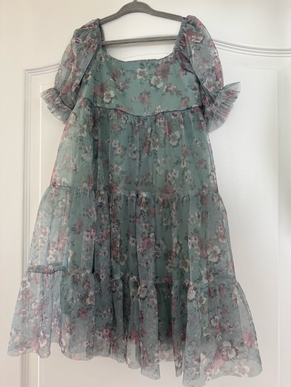 Zenzi Floral Puff-Sleeve Tiered Girls' Dress - Sage Green